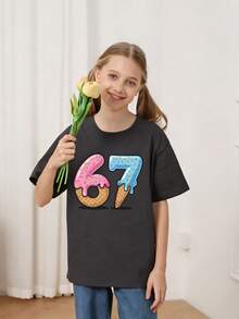 T-shirt imprimé graphique de crème glacée pour adolescentes, convient pour les sports de plein air des filles, le port casual quotidien, le style de rue, le style campus, un Top polyvalent pour les filles au printemps/été - Gris foncé - Voir 2