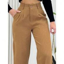 Tailored Wide Leg Palazzo Pants With Pinstripe Pattern - Camel - View 2