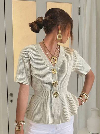 Women's Solid Color Short Sleeve Deep V-Neck Cardigan Sweater. Ruffle Trim Design Adds Elegant And Fashionable Touch. This Chic And Stylish Sweater Is Suitable For Photography, Everyday Wear, Or Casual Strolling In Spring/Summer