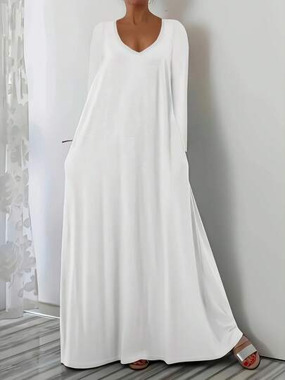 大码女式优雅休闲V领纯色口袋长袖连衣裙，春夏流行款