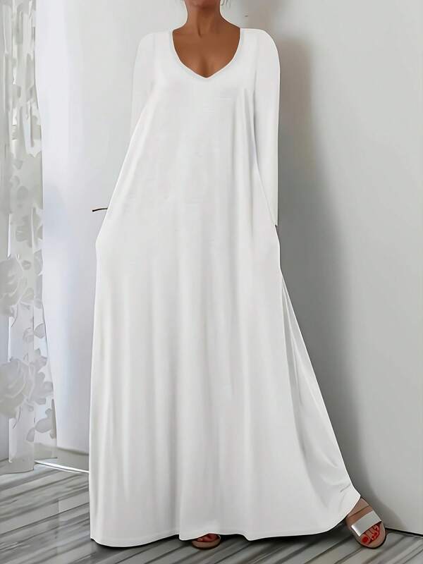 大码女式优雅休闲V领纯色口袋长袖连衣裙，春夏流行款