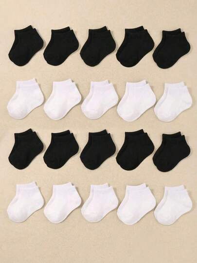 20 Pairs Baby Solid Color Short Socks, Suitable For Daily Wear, Toddler And Infant Socks Set, Comfortable Breathable, Children Black And White Socks