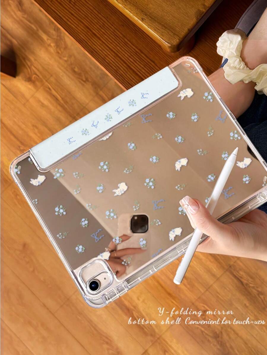 1 Piece, Blue Floral Bunny Patterned Mirror Tablet Protective Case, Suitable For 10th/11th/Pro 13 2025, Foldable Stand, Shockproof And Dustproof, Supports Automatic Wake-Up/Sleep, Is A Must-Have Protective Case For Office/Study/Entertainment, An Excellent Easter Gift, Not A Magnetic Protective Case