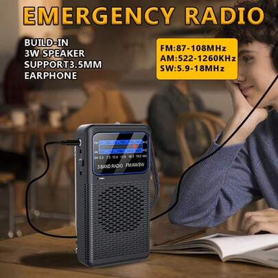 SENBOWE 三波段袖珍收音机，便携式 AM/FM/SW 电池供电收音机，带短波功能，后夹式晶体管收音机，带应急 LED 手电筒、3.5mm 耳机插孔和大扬声器，适用于室内外使用。