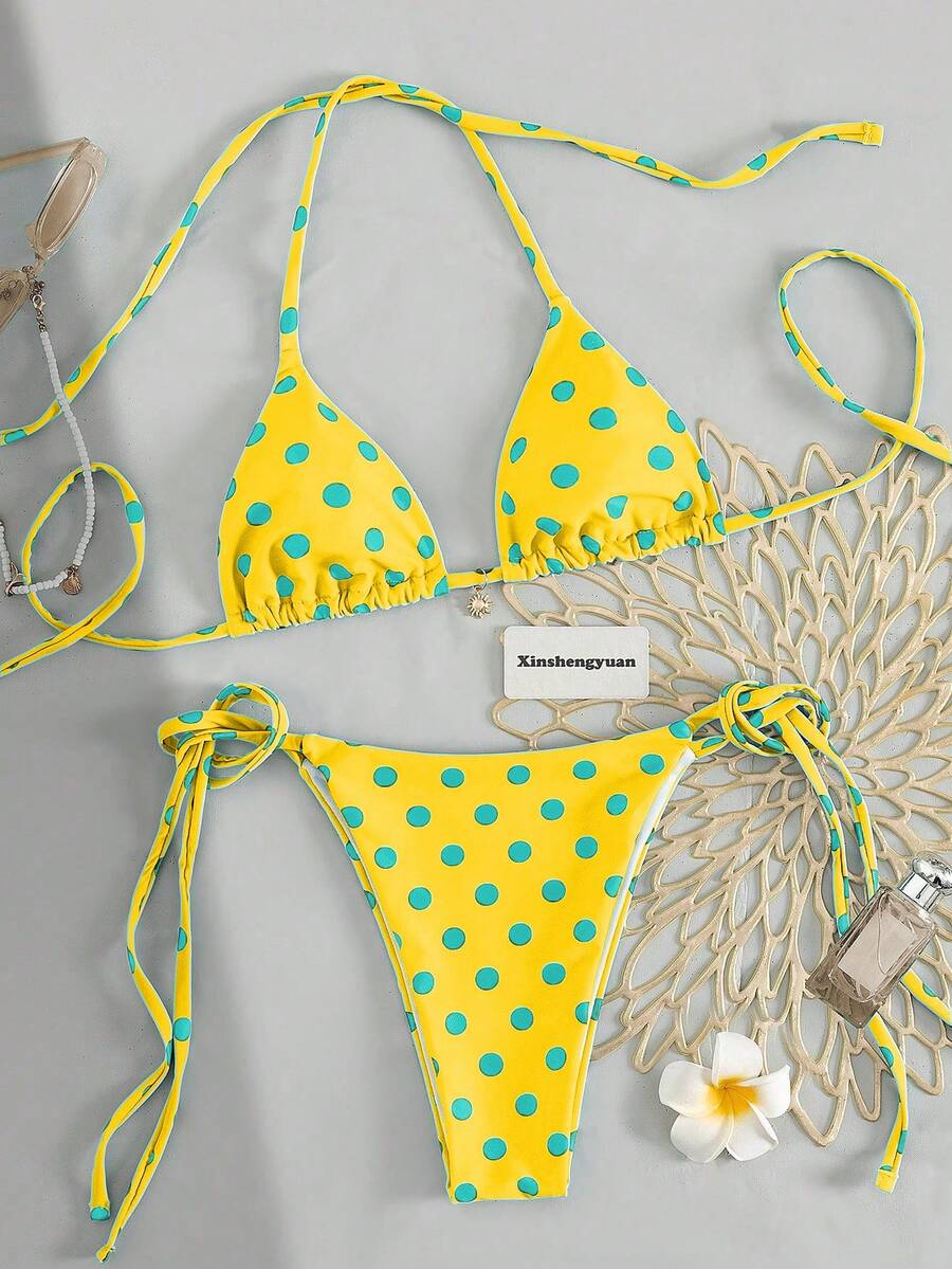 Bộ bikini Xinshengyuan 2026 2 món/set dành cho Tết Dương lịch và Lễ Tình nhân, kiểu dáng gợi cảm, dễ thương, màu xanh ngọc chấm bi, dây buộc cổ tam giác hai bên, chất liệu co giãn vừa phải, phong cách Âu Mỹ, quần bơi nữ kiểu buộc dây bên hông, thích hợp cho kỳ nghỉ biển và hồ bơi, tiệc biển, trang phục đi biển mùa hè, đồ bơi mùa xuân mùa đông. - Nhiều màu - Xem 1