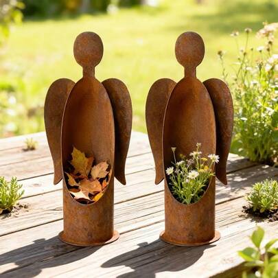 Vintage Metal Angel Statue Garden Decor, Planter, Creative Windproof Candle Holder, Creating Romantic Atmosphere For Christmas, Halloween, Easter, Thanksgiving, Valentine's Day And Other Holidays, Rustic Country Style, Holiday Centerpiece, Ideal Gift For Holiday Decorators