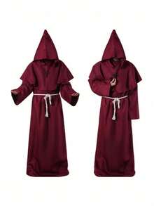 1 Set Medieval Hooded Cloak Monk Robe Wizard Priest Costume For Halloween Cosplay, Includes Robe + Hood + Belt + Necklace - Red - View 9
