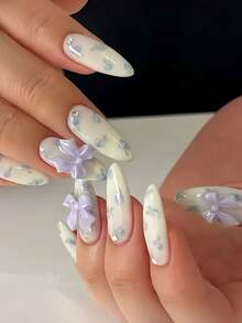 24 Pieces Of Long Nails, White Nails, Simple And Fresh Ins Style Blueberry Purple Bow Almond Nails + 1 Piece Of Jelly Glue + 1 Rubbing Strip - Multicolor - View 1