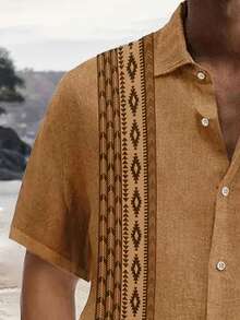 Men'S Casual Hawaiian Shirt , 100% Polyester, Short Sleeve, Button Front, Lapel Collar, Regular Fit, Woven Fabric, Summer   Loose    Button Front  Button Shirt ﻿ - Coffee Brown - View 3