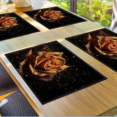 2/4/6-Pack Golden Rose Polyester Placemats, 32X42 Cm Rectangular Machine Washable Table Mats, Festive Valentine'S Day Dining Decor, Spring & Holiday Kitchen Mat Set