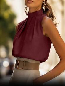 Áo kiểu không tay cổ cao xếp ly, áo tank top ôm dáng thanh lịch dành cho nữ công sở, thích hợp mặc mùa hè. - Màu Đỏ Sâu - Xem 3