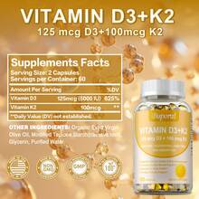 BUPORAI Vitamina D3+K2 - Absorción de calcio, apoya la salud del corazón, las articulaciones y los huesos, mejora la función inmunitaria, sin OGM - 120 piezas - Tres botellas - La mejor opción - Ver 2