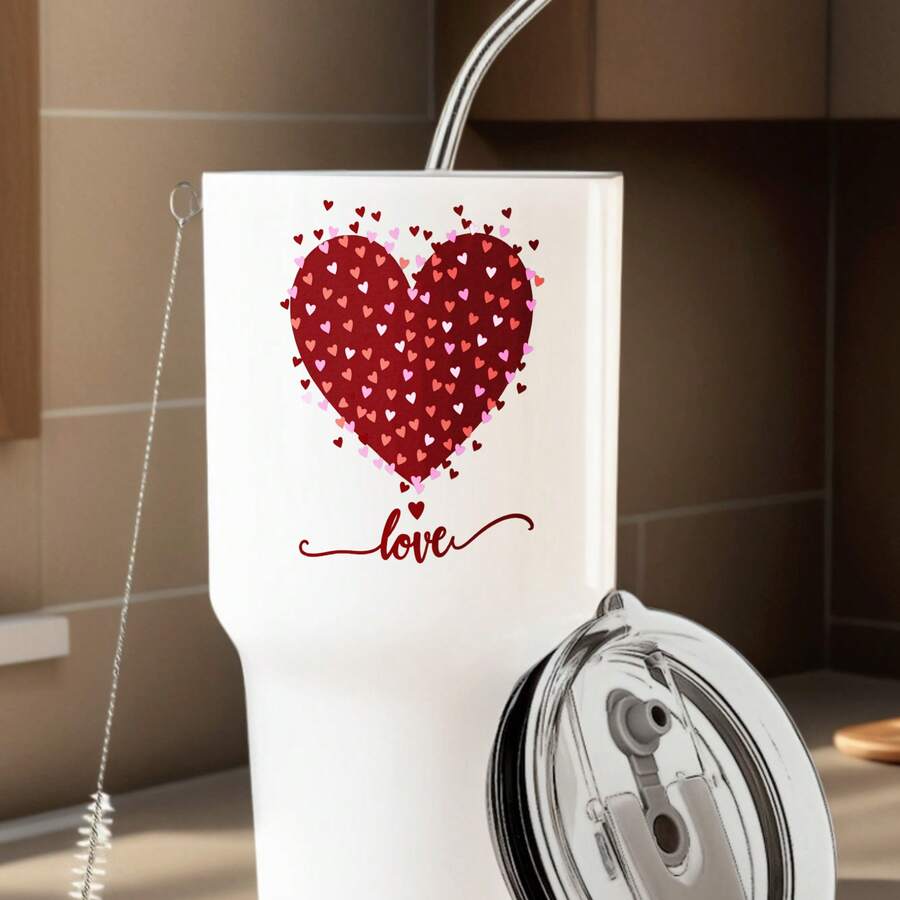 30oz Stainless Steel Tumbler Black White Options, Heart Made Of Red Hearts With Love Script Graphic Cups, Insulated Travel Coffee Mug With Lid And Straw , Double Wall Vacuum Reusable Travel Cups, Funny Birthday Party Gift For Women & Men - trắng - Xem 1