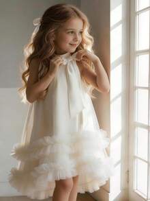 白色蝴蝶结毕业礼服，优雅公主薄纱尾礼服，适合年轻女孩生日派对、婚礼、庆典活动、圣餐礼服 - 白色 - 查看 7