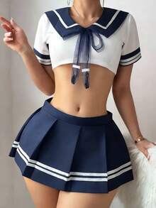 Cosplay 校服三件套（上衣、百褶裙、丁字裤），柚子派对服装，清纯学生制服，适合情人节、万圣节、可爱角色扮演水手服 - 藏蓝色 - 查看 3