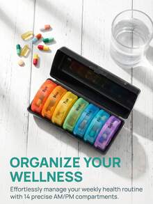 7天便携式圆形药盒（7个独立药盒+1个收纳盒），多色旅行药盒，带隔层，方便整理早晚用药，14个黑色药盒带塑料隔板 - 彩色 - 查看 3