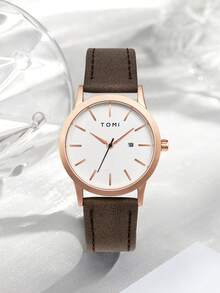 TOMI 1pc Dry Battery Powered Vintage Minimalist Compact Calendar Dial Leather Strap Watch, Suitable For Young Students - Brown - View 6