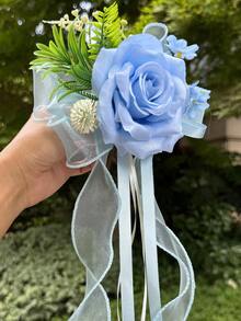 2朵玫瑰花汽车装饰（带吸盘），配绿叶、白色小花和紫白薄纱丝带装饰，适合浪漫场合，例如婚车装饰。 - 多色 - 查看 5
