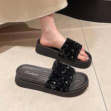 Sandalias de suela gruesa con talón de mujer Novedades de verano: sandalias de mujer con tiras y lentejuelas, con un diseño de alta costura. Una declaración de moda versátil para llevar al aire libre. Sandalias con suela gruesa. - Negro - Ver 2
