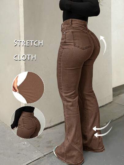 GILIPUR Y2K Style Women's Flare Jeans, Fitted Stretch Brown Denim Pants, Streetwear Fashion, Elegant, , Casual, Versatile Bottom