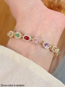 1pc Colorful Zirconia Geometric Design Women Bracelet, Fashionable & Fresh For Summer - Gold - View 8