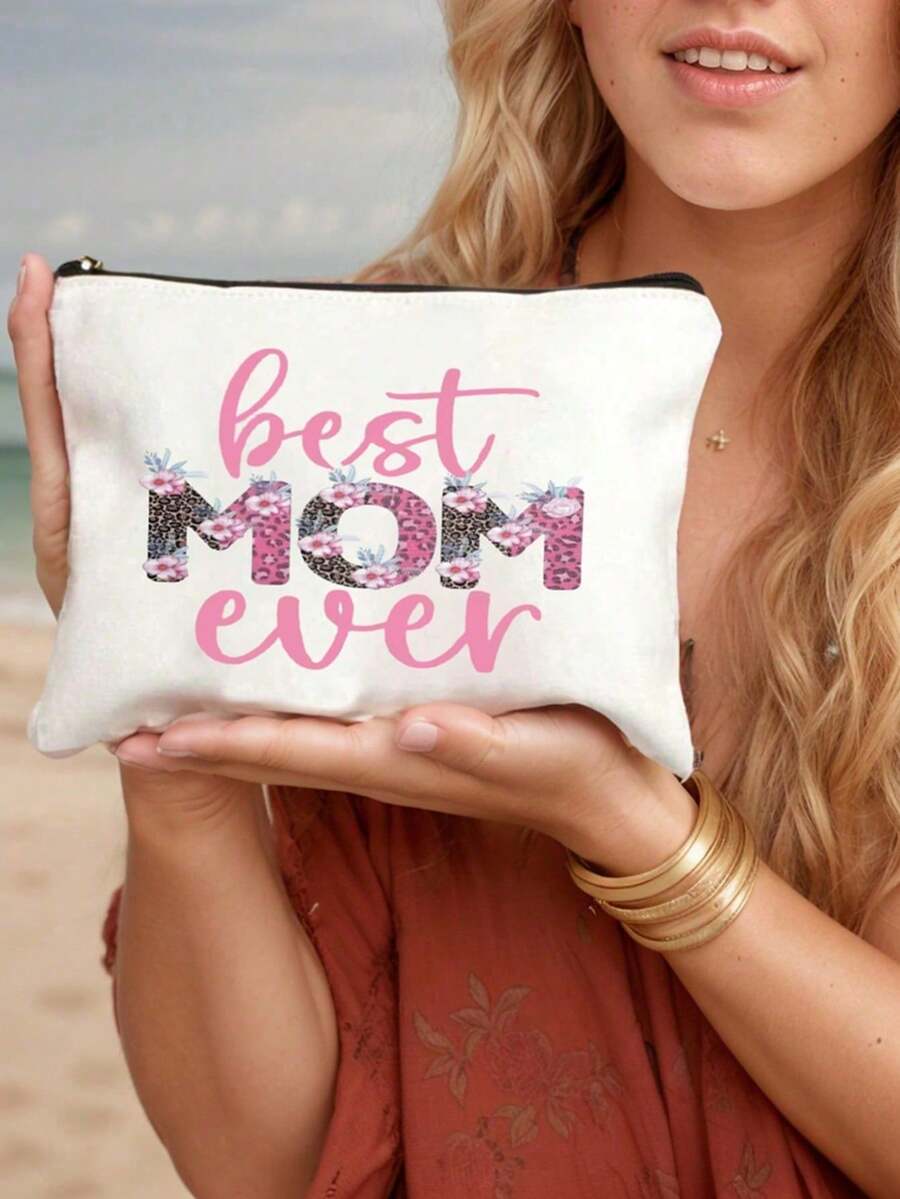 This "Best Mom" Canvas Cosmetic Bag, Ladies' Beauty Bag, Zipper Cosmetic Bag, Zipper Phone Bag, Pencil Case, Makeup Brush Holder, Zipper Linen Travel Bag, Lightweight Polyester Travel Beauty Bag Is An Ideal Gift For Mother's Day And Birthday For Daughters. - Multicolor - View 1