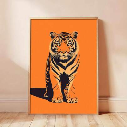 1pc 2D Flat Canvas Wall Art Poster, Orange Background Tiger Animal Fashionable Minimalist High-End Poster, Suitable For Living Room, Bedroom, Bathroom, Kitchen, Office Decor