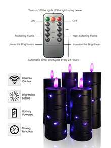 2/3/4/5pcs Flickering Flameless Candles With Timer/Remote Control, Battery Operated LED Candles, Remote Control Fairy String Lights, Suitable For Tabletop Centerpiece Decor For Christmas, Halloween, Valentine's Day, Proposal, Wedding, Party, Holiday Atmosphere - Black-purple Light - View 10