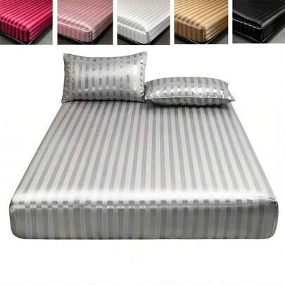 1pc Soft, Smooth Solid Color Vertical Striped Satin Fitted Sheet, Without Pillowcase. Satin Mattress Protector With Elastic Band, Tightly Wrapped And Fixed On The Mattress, Effectively Anti-Slip And Anti-Dust. Modern Minimalist Style, Silky Sleeping Feel, Suitable For Home Bedroom, Room Decor, Hotel, Dormitory, Spa And Massage Scenarios. Easy To Clean And Reusable.