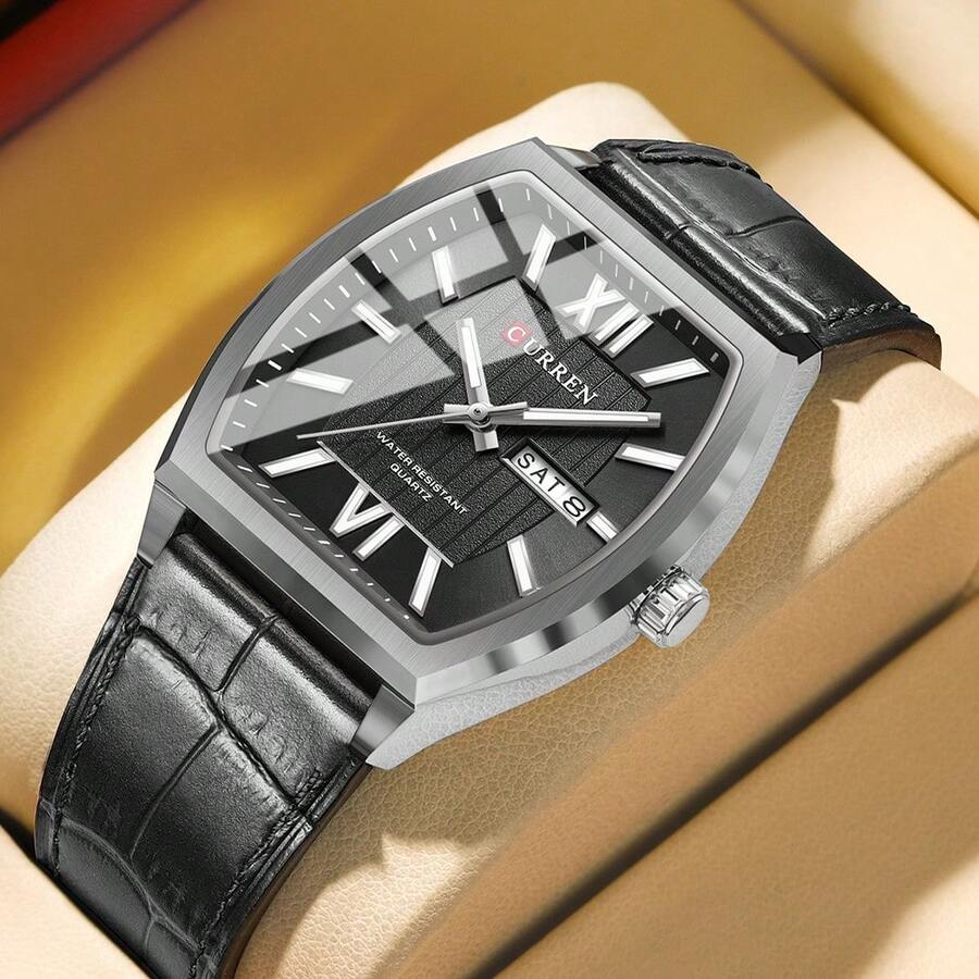 CURREN Men's Fashion Quartz Waterproof Barrel Dial Calendar Luminous Leather Strap Wrist Watch, Gift