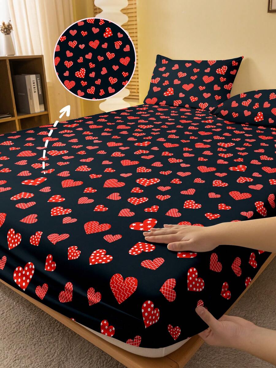 1件简约现代心形几何图案爱心印花磨毛床笠，卧室印花床罩，床上用品（不含枕套） - 彩色 - 查看 1