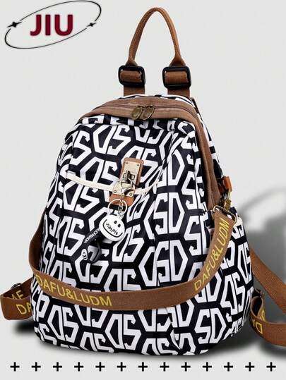 Anti-Theft Letter Print Street Style Nylon Backpack For Women; Multi-Functional Retro Day Bag; Multi-Pocket Lightweight Travel Bag; Large Capacity Minimalist School Bag; Convenient Book Bag, Suitable For Students, Nurses, Teachers, Business People, Travel And Vacation, Business Trips, Daily Commutes, Shopping, Office, Dating, Hiking, Training, Work, Birthday Gifts, Holiday Gifts,