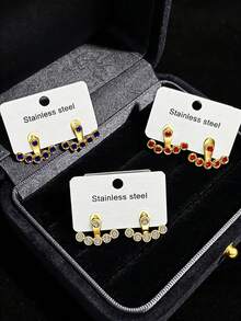 3 pares de pendientes con forma de abanico de acero inoxidable con rhinestones, pendientes ajustables de personalidad de diseño minimalista y de lujo versátiles para mujeres, con uso delantero y trasero desmontable - Multicolor - Ver 8