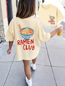 少女休闲印花圆领短袖T恤，夏季上衣 - 杏色 - 查看 2