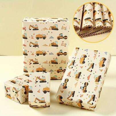 5/10 Sheets 35*50cm Engineering Vehicles Theme Birthday Gift Wrapping Paper, Engineering Vehicles Pattern Gift Wrapping Paper, Birthday Party Gift Wrapping Paper, Party Decoration, For Birthday Party, Baby Shower