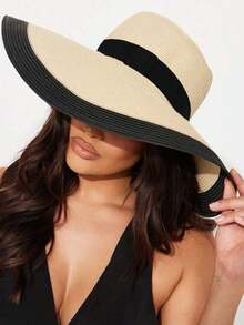 1pc Women Straw Hat With Random Width Black, Spring/Summer Beach Travel Wide Brim Vacation Hat - 黑色 - 查看 2
