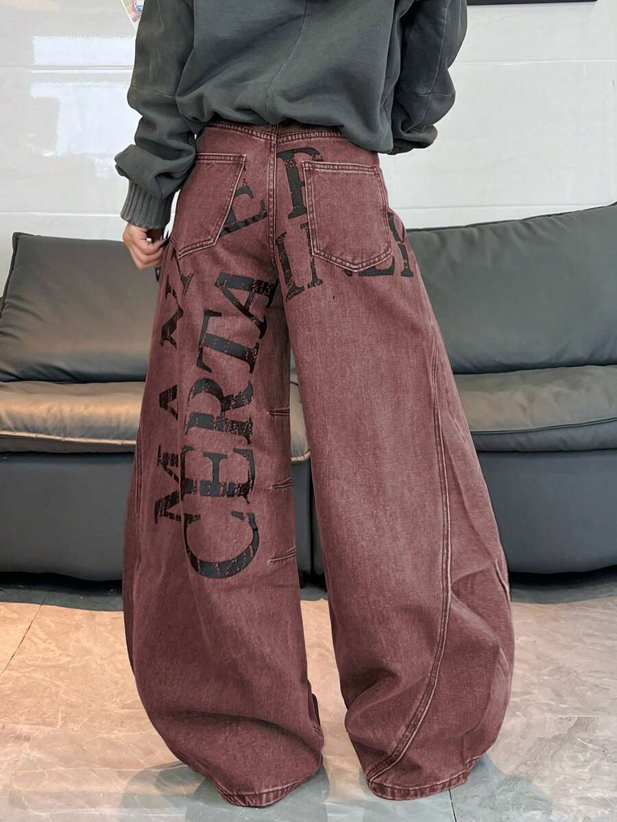 1pc Japanese Street Style Women's Patchwork Printed Curved Leg Loose Wide Leg Jeans Comfortable All Season Long Pants (This Product Does Not Include Belt/Accessories)