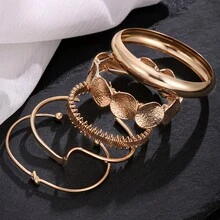 1/5pcs Set Luxury Retro Geometric Pattern Wide Metal Bangle Bracelet Set, Fashionable Versatile, Suitable For Daily Casual And Commute Wear, Elegant Jewelry Gift For Women, Festivals, Jewelry, Summer, Bracelet, Women Beach Accessories - Multi-piece Set - View 6