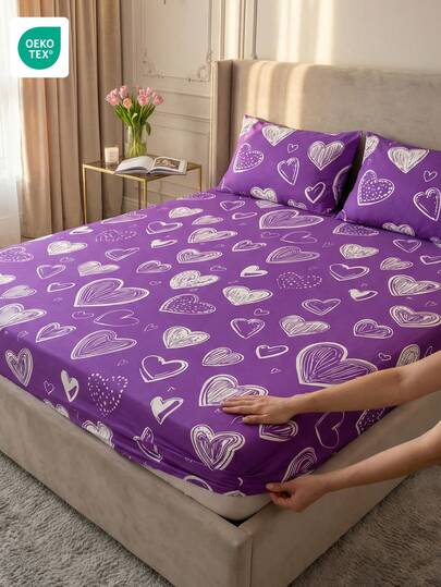 1pc Purple Heart Pattern Fitted Bedsheet, Soft & Comfortable Home Bedding, Breathable Anti-Pilling Bed Cover, Suitable For Double Bed, Full Size Bed, King Bed, Standard Bed, Machine Washable, Home Decor