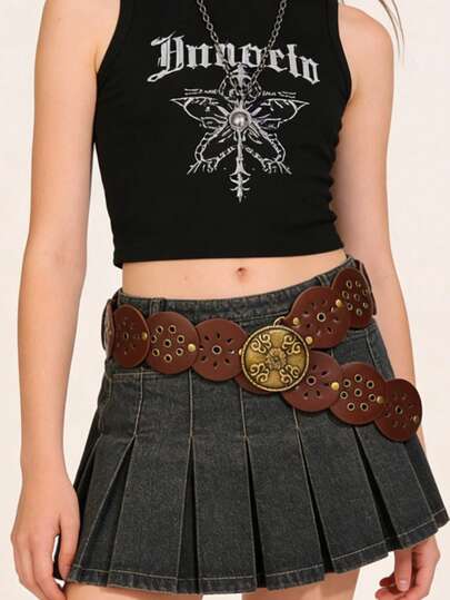 1pc BOHO Style Waist Belt For Girl, Vintage Bronze Floral Hollow Round Buckle Rhombus Eyelet Patchwork Brown Belt, Suitable For Skirts, Pants, Sweaters, Shirts, Coats, Party, Festival, Birthday, Valentine's Day Gift