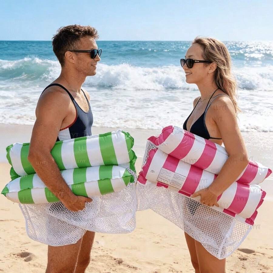 2 piezas Hamaca inflable para adultos - Material de PVC duradero, flotador inflable a rayas plegable, adecuado para fiestas en la piscina y regalos de verano