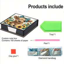 1pc DIY Diamond Art Sunflower & Highland Cow Pattern, Irregular Rhinestone Embroidery Painting On Black Faux Leather Self-Adhesive Memo Pad Box With 160 Sheets, Ideal For Home, Office, School Supplies, Craft, Cute Stationery, Holiday Gift - View 7