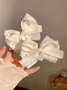 1pc/2pcs Set White Tea Lace White Bow Hair Clip, Side Clip Lolita Duck Clip Hair Accessory, Hairpin - Beige - View 13