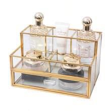 Cosmetic Storage Box With Drawers, Cosmetics Storage On The Dresser And Bathroom Table, And Gold Transparent Glass, Suitable For Lipstick, Perfume, Cosmetics - Gold - View 1