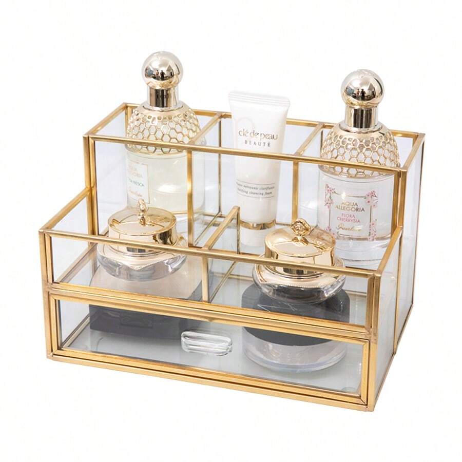 Cosmetic Storage Box With Drawers, Cosmetics Storage On The Dresser And Bathroom Table, And Gold Transparent Glass, Suitable For Lipstick, Perfume, Cosmetics - Gold - View 1