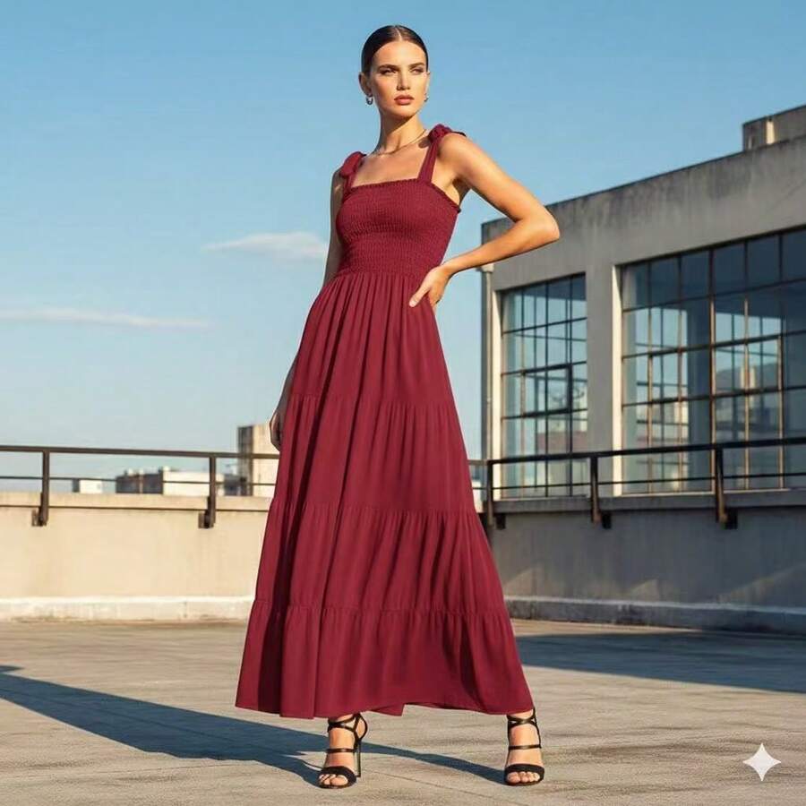 Long Strap Dress With Elastec 3 Marias Viscolina Plain 2600-1 - Màu Đỏ Sâu - Xem 1