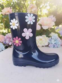 Girls' High-Top Rain Boots, Waterproof, Floral Print, Pastel Colors, Non-Slip, Comfortable - 藏蓝色 - 查看 2