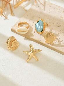 5pcs/Set Fashion Versatile Starfish, Shell, Flower, Baroque Faux Pearl Ring Set, Vacation Style Daily Party Ocean Creature Rings Jewelry Gift For Women - Multicolor - View 6