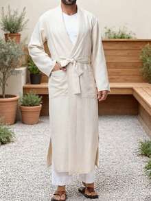 Men's Muslim Cardigan Robe, Home Robe, Casual Vacation Robe, Courtyard Style Robe, With Pockets On Both Sides And A Forked Hem, Moderate Length - Champagne - View 5