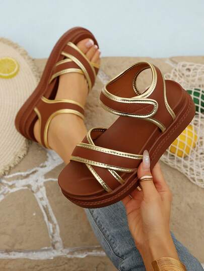 Women's Double-Layer Thick-Soled Sandals, Fashion Versatile Casual Leather Platform Wedge Sandals For Spring/Summer